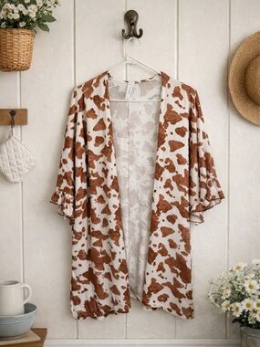 Open-Front Cow Print Kimono Cardigan - White & Brown medium